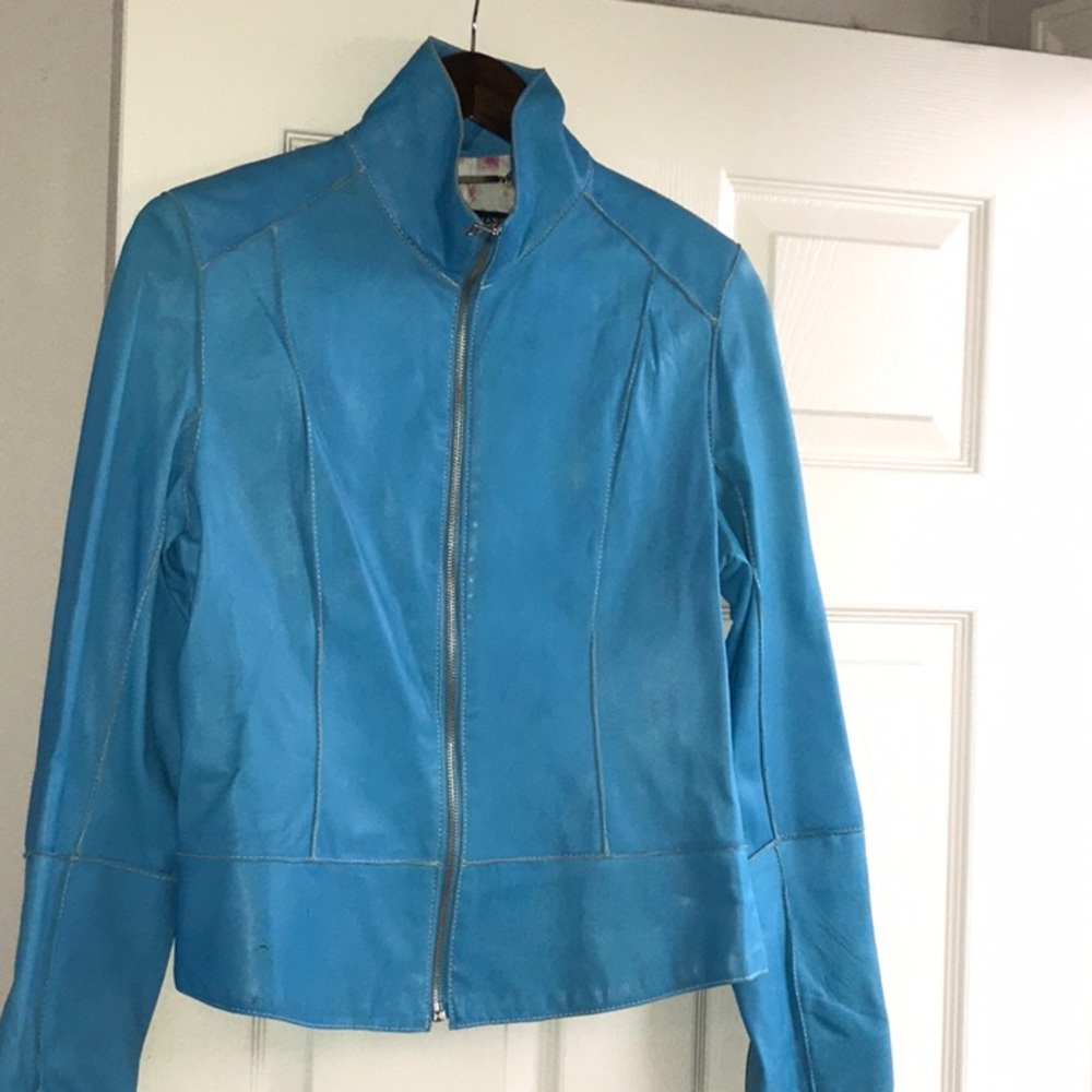 Andrew Marc turquoise leather jacket